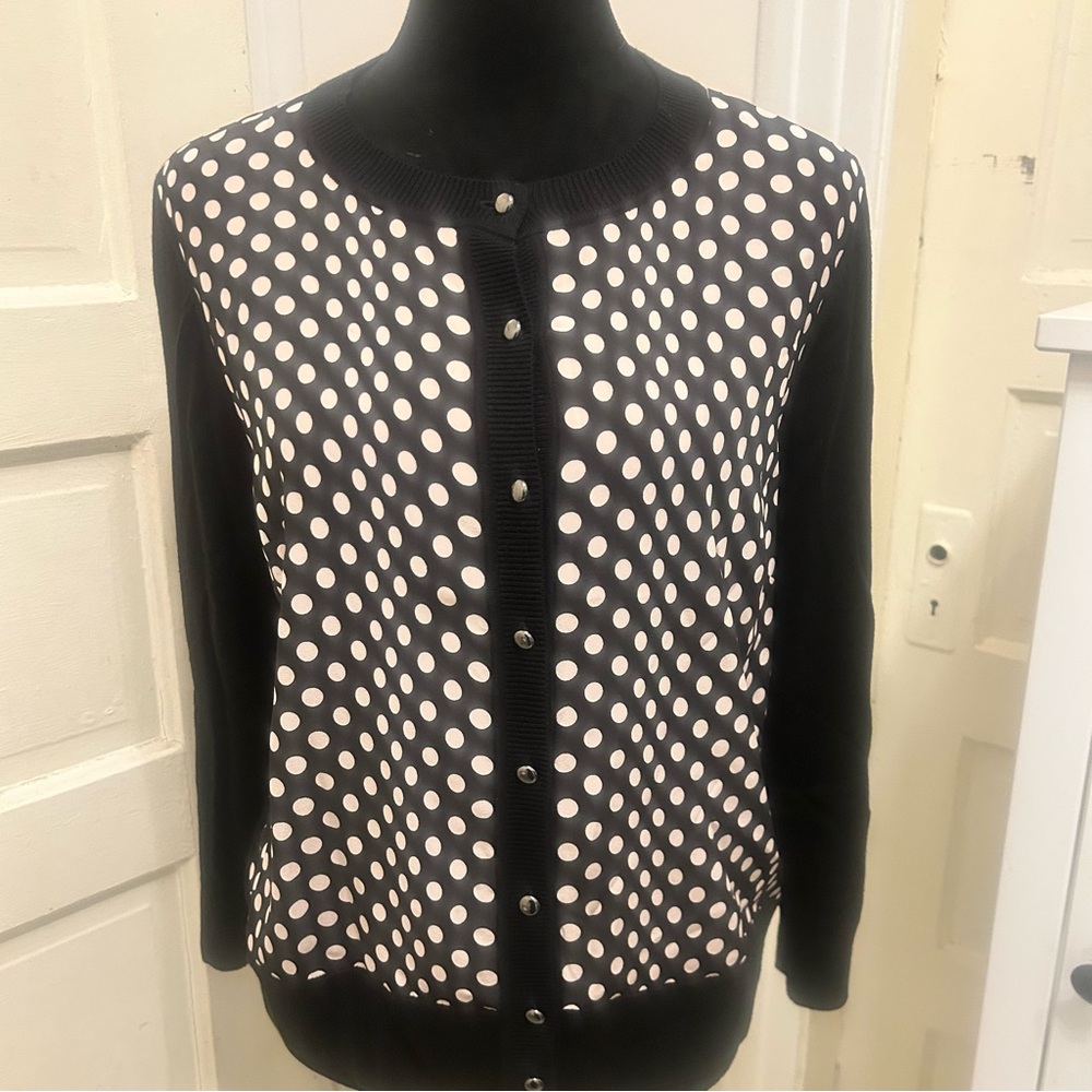 St John Polka Dot Cashmere Silk Women's Cardigan Sweater Med Quiet Luxury Office